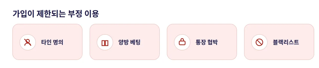 레부카지노 가입이 제한되는 부정 이용 유형 도해: 타인 명의, 양방 베팅, 통장 협박, 블랙리스트